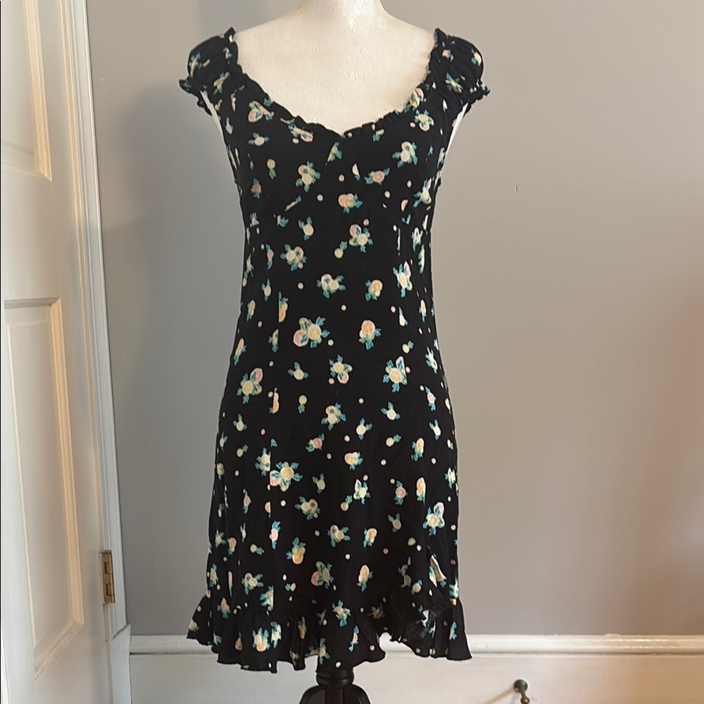 Free People Black and floral lemon Ruffled Dress